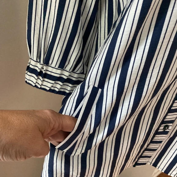 Beau Chemise Navy White Striped Ruffle Collar Button Front Tunic Blouse - Picture 4 of 6